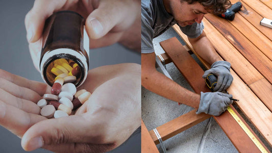 A split image with a handful of pills on the left and a man measuring wood and building a project